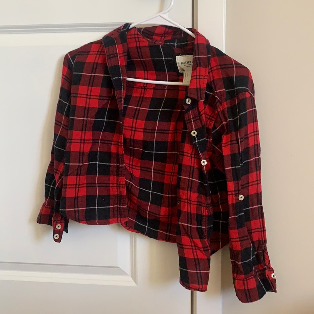 Red and Black Cropped Flannel Forever 21